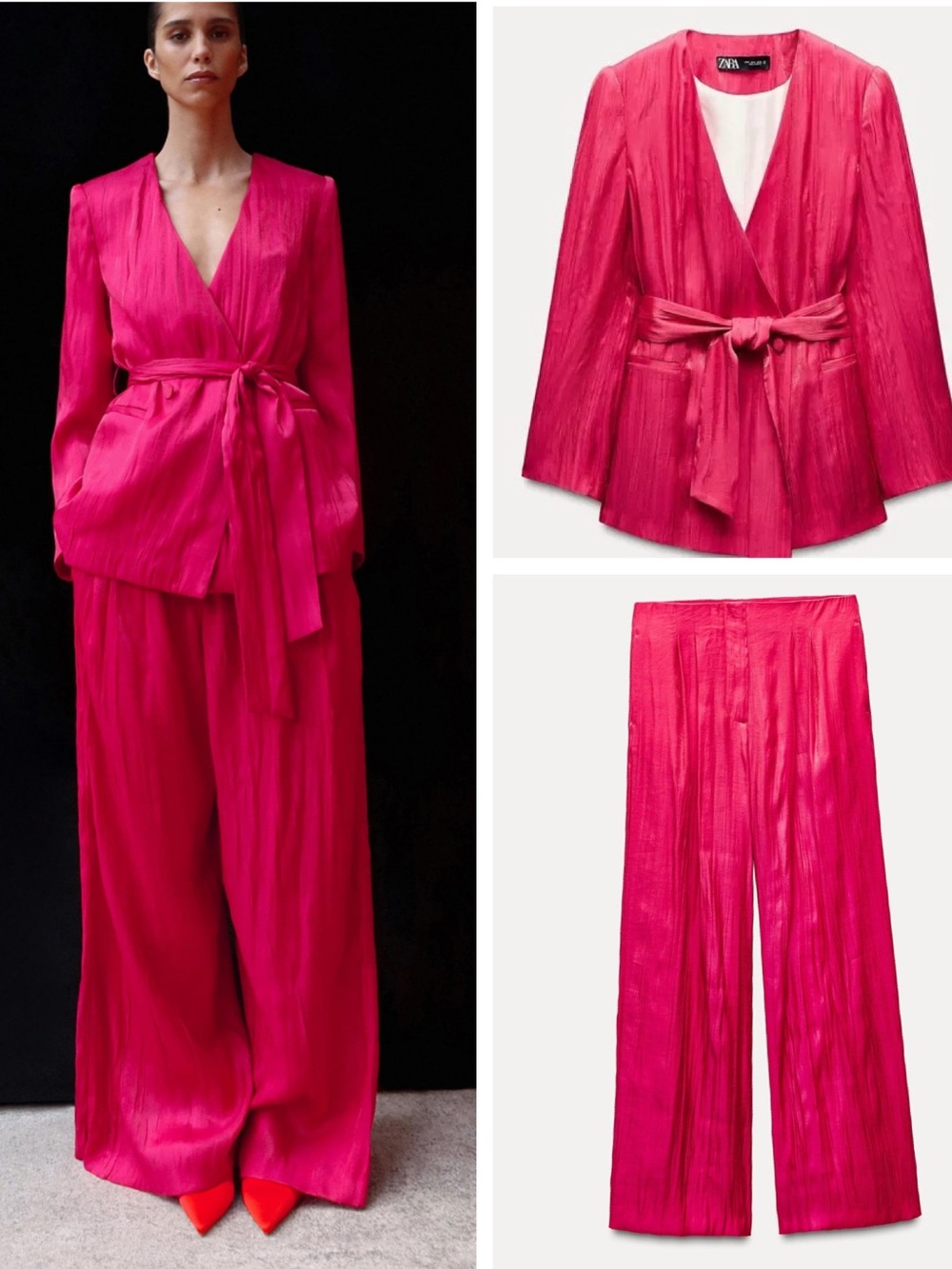 Zara Fuchsia Pink Satin Pantsuit Set - Belted Blazer & Wide-Leg Trousers